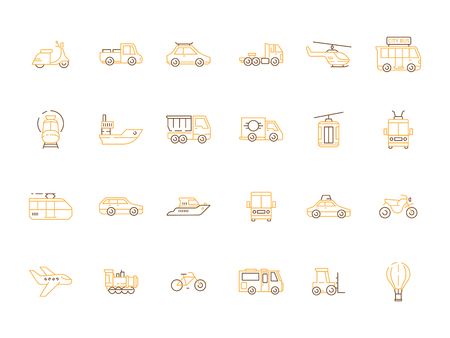 Urban transport icon. Public vehicles taxi motorcycle planes boats helicopter car train vector outline pictures. Illustration of transportation traffic road and air, helicopter and steam locomotiveのイラスト素材
