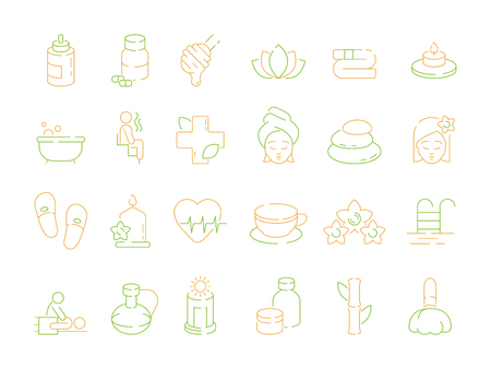 Beauty and spa icon. Woman relax aromatherapy nature herbal treatment massage hot stone and flowers small pool vector icon. Illustration of spa and beauty, medical cosmetic for massageのイラスト素材