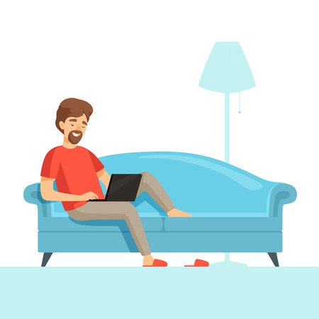 Freelancer on sofa. Happy smile work guy on comfortable bed with laptop vector cartoon picture. Illustration of freelancer with computerのイラスト素材