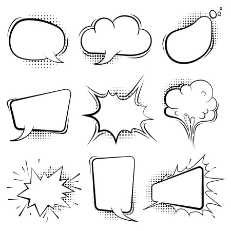 Comic speech bubbles. Retro cartoon balloon splashes shapes for book art vector template. Illustration of cloud bubble, balloon message for chat and speechのイラスト素材