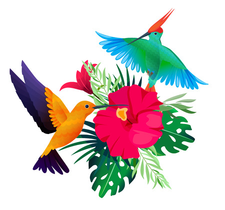Tropical birds plants. Exotic colored background with parrots and hummingbirds sitting on leaves and flowers vector picture. Illustration of bird exotic with colored flowerのイラスト素材