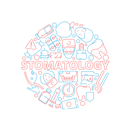 Dental icons set. Circle shape with stomatology teeth veneers orthodontics symbols vector concept. Dental implant, protect equipment illustrationのイラスト素材