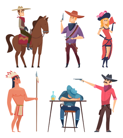 Cowboys characters. Wildlife western texas sheriff and country boys with horse and lasso vector cartoon illustrations. West cowboy and woman, indigenous indianのイラスト素材