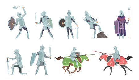 Knight. Chivalry prince medieval fighters brutal warriors on horse battle vector cartoon illustrations. Templar and equestrian, royal mediaeval horsemanのイラスト素材