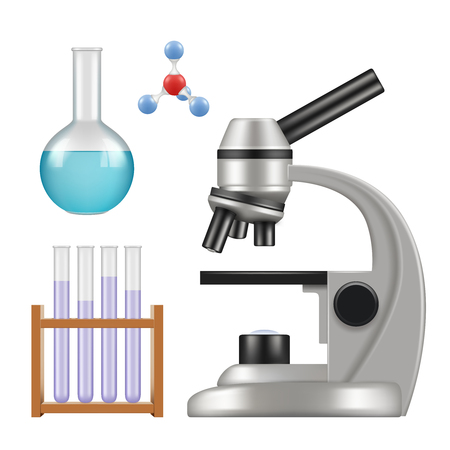 Science equipment. Microscope scientific chemical laboratory items glass cylinder and tubes beakers pipette vector realistic. Illustration of microscope for laboratory, glass flaskのイラスト素材