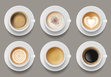 Coffee mug top view. Cappuccino espresso latte milk brown coffee vector realistic template. Cappuccino and latte, espresso coffee illustrationのイラスト素材