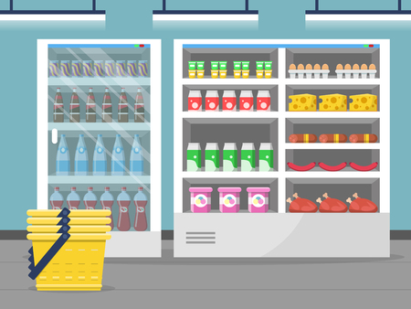 Grocery store showcase. Shop food store inside the supermarket checkout vector background. Illustration of shop and market interior with foodのイラスト素材