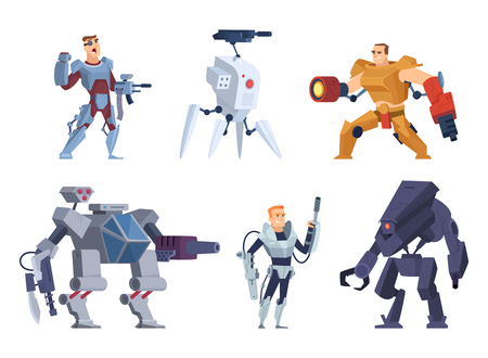 Robots warriors. Characters in exoskeleton brutal future soldiers technology android with guns vector cartoon mascot. Armor cyborg and robotic character illustrationのイラスト素材