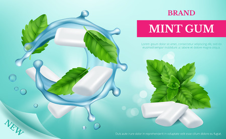 Mint gum. Advertizing poster with fresh sweets and leaf of mint vector realistic template. Illustration of promotion advertising, gum with peppermintのイラスト素材