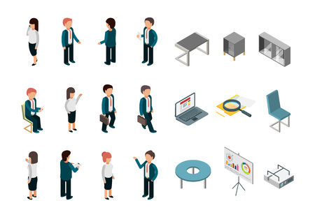 Business people isometric. Office corporate supplies furniture managers directors vector collection. Illustration of people set, businessman manager, laptop and chairのイラスト素材