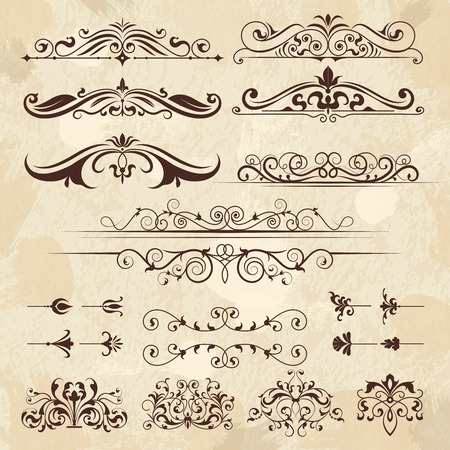 Vintage frame elements. Calligraphy borders and corners filigree classic retro vector design template. Illustration of menu decoration, ornament and filigree decorative frame borderのイラスト素材
