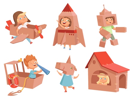 Cardboard kids playing. Childrens games with paper containers making airplane car and ship vector characters in cartoon style. Illustration of cardboard box costume, robot helmet and houseのイラスト素材