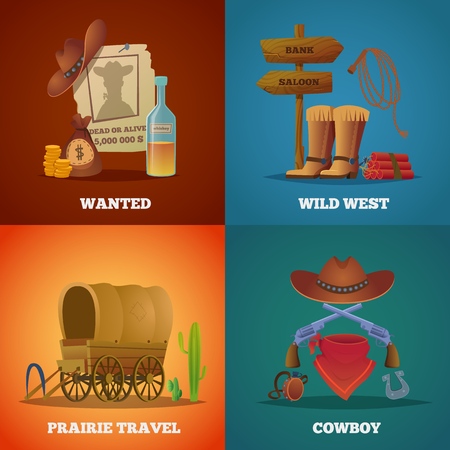 Wild west collections. Western cowboys horse lasso saloon and guns vector symbols. Poster of wanted in wild west, cowboy and prairie travel, dynamite and gun illustrationのイラスト素材