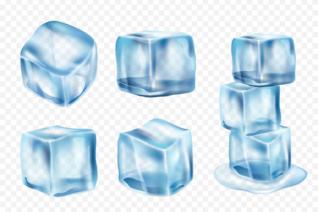 Ice cubes. Freeze water with light reflection and splashes vector realistic ice template. Illustration of ice transparent cube, crystal freezeのイラスト素材