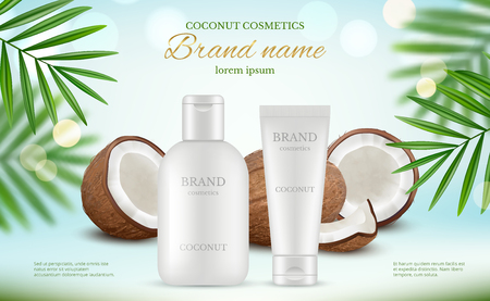Coconut cosmetic. Advertizing poster with cream tubes and fresh coco and natural body milk splashes vector realistic. Illustration of lotion plant coconut, care spa creamのイラスト素材