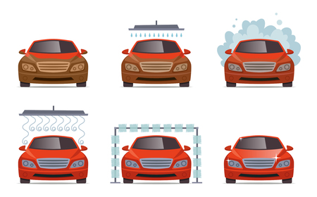 Car wash. Transport automobile water wash service vector collection set. Illustration of automobile car service, auto washのイラスト素材