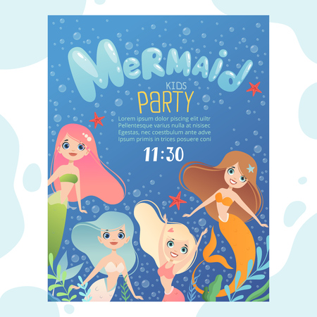 Mermaid party invitation. Design template invite kids birthday cards with funny underwater characters fish and young mermaid princess. Mermaid girl with seaweed aquatic illustrationのイラスト素材