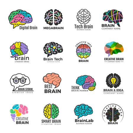 Brain logotypes. Business concept of colored smart mind innovation creative vector colored symbols. Brain cerebellum for business logo, mind smart illustrationのイラスト素材