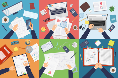 Workplace top view. Businessman professional working at table analyzing documents on laptop paperwork vector pictures. Illustration of business workplace, report analyzing informationのイラスト素材