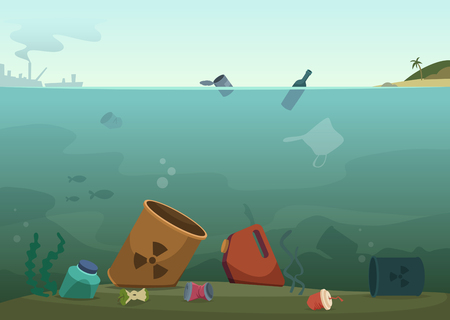 Water waste. Nature pollution plastic bottles in ocean debris dirty animals trash save nature vector concept background. Rubbish and waste in ocean, sea trash plastic, pollution in marine illustrationのイラスト素材