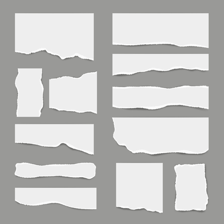 Ripped white paper. Torn light scrap note paper for notes pieces vector realistic pictures for banners. Illustration of torn paper, ripped pageのイラスト素材