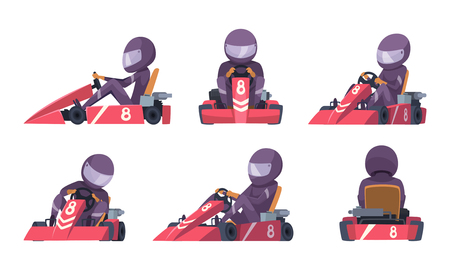 Karting car. Street speed racers competition sport automobile go kart vector background cartoon. Illustration of speed car, race drive, sport kart racerのイラスト素材