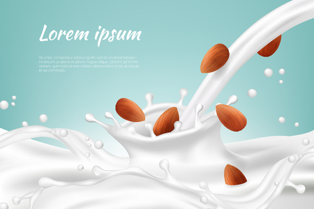 Nuts in milk. Meal beverages nut cream vegan protein drink splashes with seed vector realistic background. Illustration of nuts beverage, milk drink healthyのイラスト素材