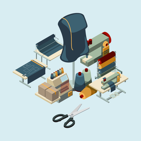 Textile industry. Sewing manufactory tools concept of embroidery production vector composition. Illustration of manufactory equipment isometric, machine production and tailoringのイラスト素材