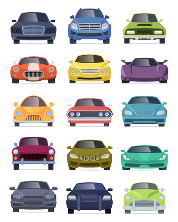 Vehicles front view. Transport automobiles taxi bus truck cartoon cars vector collection. Car vehicle front view, automobile model illustrationのイラスト素材
