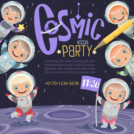 Kids party invitation. Astronauts childrens cartoon space background with place for text vector. Illustration of space cartoon party, cosmic poster announceのイラスト素材