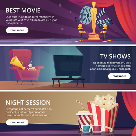Cinema banners. Movie video and theater entertainment cartoon icons 3d glasses popcorn clapper megaphone vector design template. Best movie and television show, night session cinema illustrationのイラスト素材