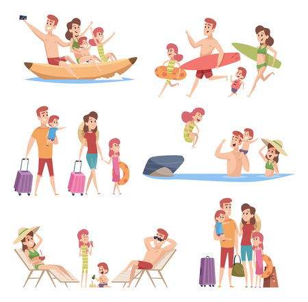 Summer travellers. Happy love couple with childrens beach walking vacation trip outdoor adventure vector characters collection. Illustration of vacation travel family, holiday tourismのイラスト素材