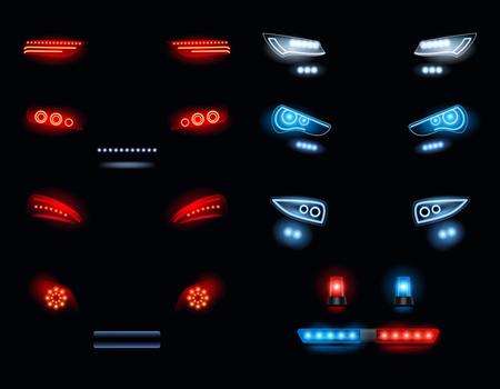 Car headlights. Dark environment with red and white automobile lights vector realistic collection. Headlight automobile, lamp realistic headlamp illustrationのイラスト素材