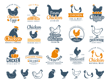 Chicken badges. Fresh farm food logotype cooking egg and bird broilers vector labels. Chicken egg and meat logotype, farm badge label illustrationのイラスト素材
