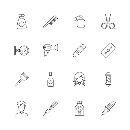 Haircut icon. Beauty salon hairstyle steaming and washing cutting tools scissors comb hairdryer vector thin simple pictures. Illustration of equipment icons for salon hair, comb and shampooのイラスト素材