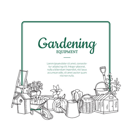 Vector gardening doodle icons below frame with place for text illustration. Gardening equipment, wheelbarrow and toolのイラスト素材