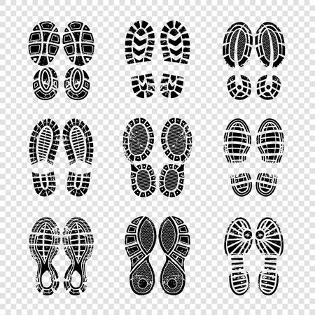 Footprint human. Walking boots soles steps silhouettes vector template printing texture. Illustration of imprint and footprint, foot silhouetteのイラスト素材