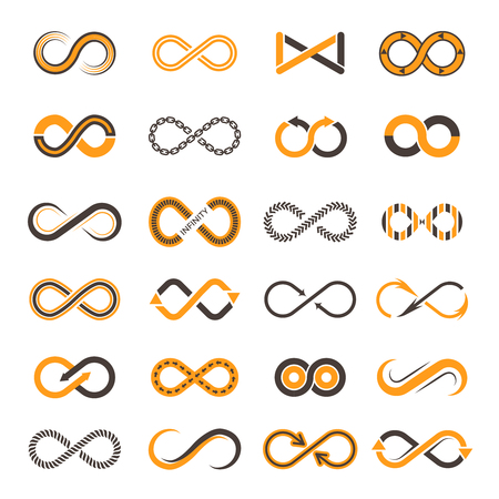 Infinity icons. Contouring shapes of eternity vector two-color symbols. Illustration of infinity and eternity figure, dynamic chain continualのイラスト素材