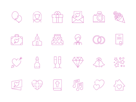 Wedding symbols. Love couple cakes photography camera gifts items for happy wedding day celebration vector thin line icon collection. Wedding celebration icons set, marriage linear illustrationのイラスト素材