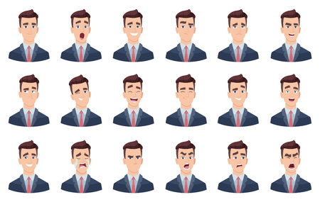 Man emotions. Facial characters different faces sadness hate smile head portrait vector characters. Head avatar angry face, happy emotion illustrationのイラスト素材