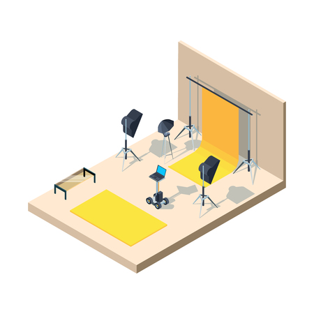 Photo studio interior. Photographing professional equipment camera lamps tripod softbox directional light flashes vector isometric. Studio professional, photography interior room illustrationのイラスト素材