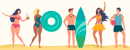Summer beach vector characters. Happy boys and girls on sand beach. People activity on beach sea, summer coast relax illustrationのイラスト素材