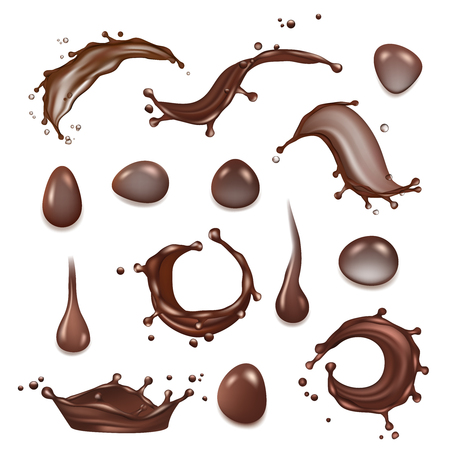 Coffee splashes. Brown chocolate milk splashes of hot drinks dessert vector realistic template. Illustration of cocoa drink, chocolate liquid, splash motionのイラスト素材