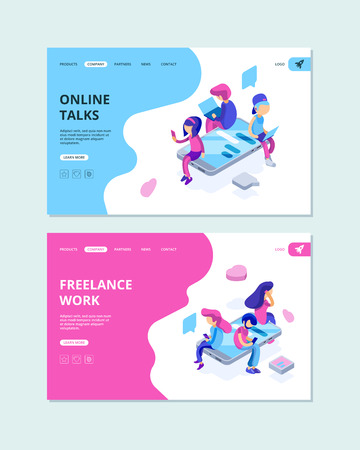 People chatting. Virtual activities messengers network characters relationship internet online dating vector isometric landing page. Illustration of internet online, business talk webのイラスト素材
