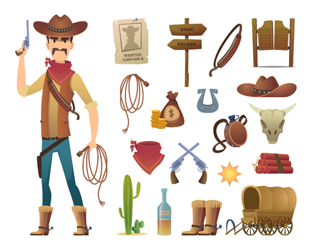 Wild west cartoon. Saloon cowboy western lasso symbols vector pictures isolated. Illustration of wild western cowboy, lasso and gun, cactus and star badgeのイラスト素材