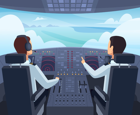 Airplane cockpit. Pilots sitting front of dashboard aircraft inside vector cartoon illustrations. Captain pilit flight, dashboard plane in cockpitのイラスト素材