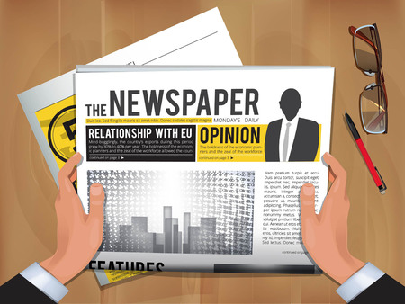 Newspaper in hands. Daily news businessman hold and reading hot announce in newspaper cover vector template. Illustration of news daily, newspaper publication with headlineのイラスト素材