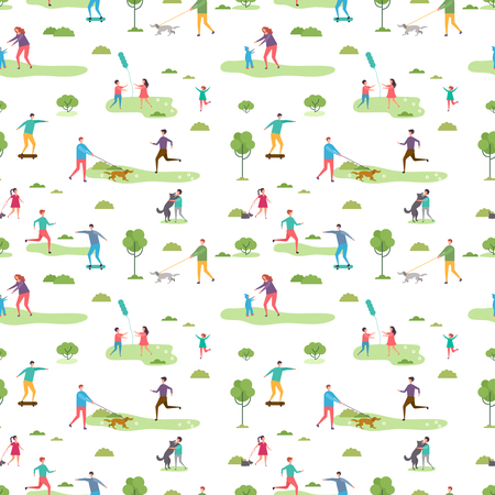 Outdoor activity seamless pattern. Cartoon characters walking peoples and kids vector illustration. Outdoor walk people in park seamless backgroundのイラスト素材