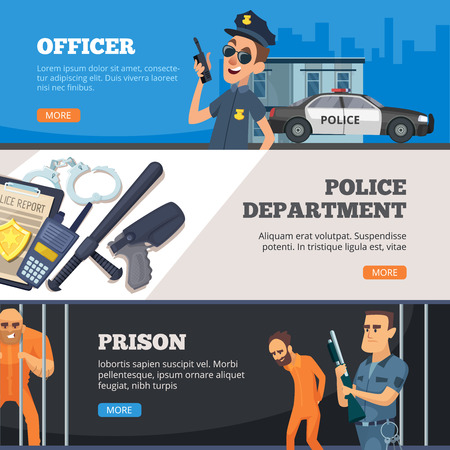 Police banners. Urban security police officer standing in uniform prison and overseer with weapon vector design collection. Illustration of officer police security, banner with prison and policemanのイラスト素材