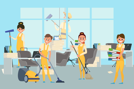Cleaning staff team in office vector illustration. Housekeeping team, office wash and cleanのイラスト素材